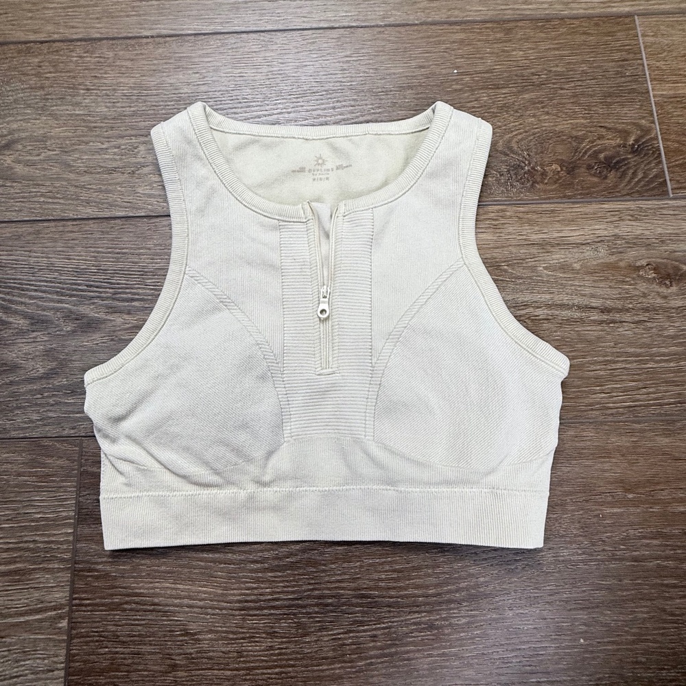 Aerie Offline Seamless Zip Front Sports Bra, Tan, Size Medium, Removable Padding